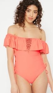 Coral Lattice Flounce One Piece Bathing Suit
